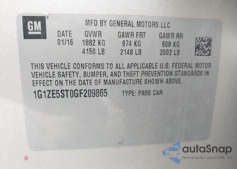 2016 Chevrolet Malibu 1Lt z USA, uszkodzony, nr VIN 1G1ZE5ST0GF209865